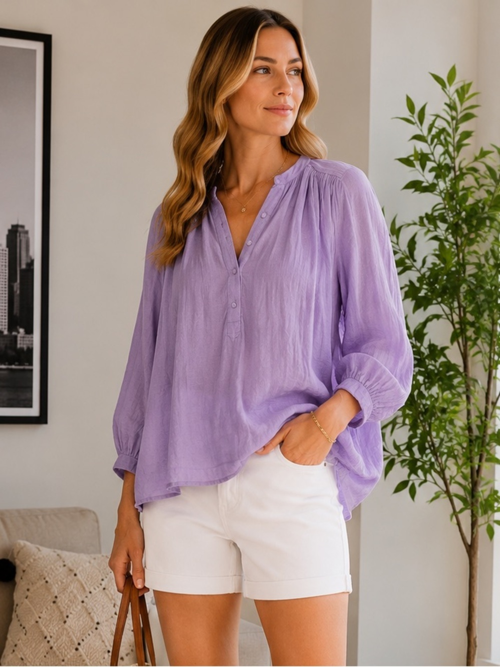 Future Primitive Lilac Half Button Down Long Sleeve Vneck Cotton Blouse 0 / S